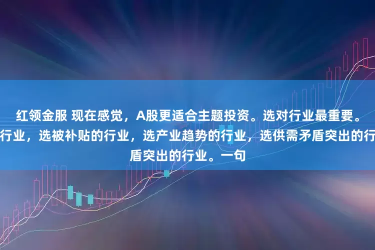 红领金服 现在感觉，A股更适合主题投资。选对行业最重要。选景气度行业，选被补贴的行业，选产业趋势的行业，选供需矛盾突出的行业。一句